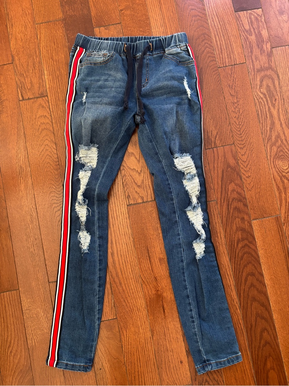 Women’s Distressed Dark Blue Denim Jeans with Red Stripe Side Trim